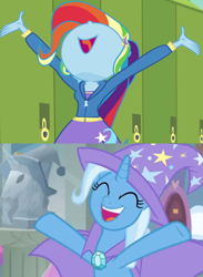 Size: 2928x4008 | Tagged: safe, derpibooru import, edit, screencap, trixie, pony, unicorn, a horse shoe-in, best trends forever, best trends forever: rainbow dash, better together, equestria girls, comparison, female, mare, multicolored hair, rainbow hair
