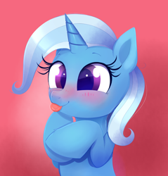 Size: 1796x1881 | Tagged: safe, artist:confetticakez, derpibooru import, trixie, pony, unicorn, :p, blushing, cute, diatrixes, female, gradient background, hooves to the chest, mare, raspberry, silly, silly pony, smiling, solo, tongue out, weapons-grade cute