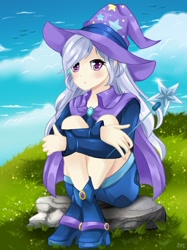 Size: 1024x1366 | Tagged: safe, artist:sunshineshiny, derpibooru import, trixie, bird, human, anime, cape, clothes, cloud, crossed legs, cute, diatrixes, female, grass, hat, humanized, magic wand, rock, shorts, sitting, sky, solo, trixie's cape, trixie's hat