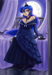 Size: 889x1280 | Tagged: safe, artist:king-kakapo, princess luna, human, beautiful, bedroom eyes, clothes, curtains, dress, female, frilly dress, gloves, high heels, humanized, jewelry, looking at you, moon, multiple variants, necklace, night, sitting, smiling, solo, tiara, window