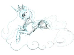 Size: 1023x768 | Tagged: safe, artist:firimil, princess luna, alicorn, pony, cloud, curved horn, monochrome, prone, simple background, solo, unshorn fetlocks