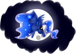 Size: 1024x733 | Tagged: safe, artist:izuuarts, princess luna, alicorn, pony, chest fluff, eyes closed, flying, moon, solo