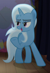 Size: 310x452 | Tagged: safe, derpibooru import, screencap, trixie, pony, unicorn, no second prances, backstage, cropped, female, lidded eyes, mare, open mouth, raised hoof, smiling, solo