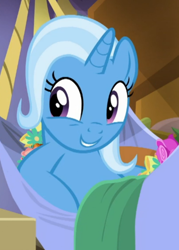 Size: 552x770 | Tagged: safe, derpibooru import, screencap, trixie, road to friendship, cropped, cute, diatrixes, happy, lying down, smiling