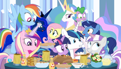 Size: 1360x780 | Tagged: safe, artist:dm29, fluttershy, night light, princess cadance, princess celestia, princess luna, rainbow dash, shining armor, spike, twilight sparkle, twilight velvet, alicorn, dragon, pegasus, pony, unicorn, cider, eating, family, food, gravy boat, mashed potatoes, mug, pie, potato, sitting, sparkle family, spike's family, stuffing, table, talking, thanksgiving, tiara, wine glass