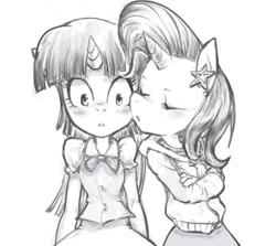 Size: 600x535 | Tagged: safe, artist:conoghi, derpibooru import, trixie, twilight sparkle, anthro, equestria girls outfit, female, kissing, lesbian, monochrome, shipping, twixie