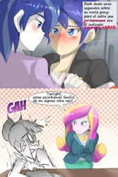 Size: 1024x1536 | Tagged: safe, artist:thegreatrouge, edit, dean cadance, flash sentry, princess cadance, sci-twi, shining armor, twilight sparkle, equestria girls, friendship games, alumnus shining armor, blushing, breasts, caught, comic, dialogue, embarrassed, fanfic, female, fujoshi, gay, holding hands, male, open mouth, princess cansdance, screaming, shiningsentry, shipper on deck, shipping, spanish, speech bubble, talking, tongue out, translated in the comments, translation, yaoi fangirl