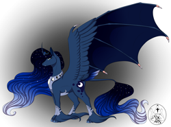 Size: 4713x3495 | Tagged: safe, artist:thedudegamer, princess luna, alicorn, pony, bat wings, claws, curved horn, fangs, hybrid wings, redesign, simple background, solo, unshorn fetlocks