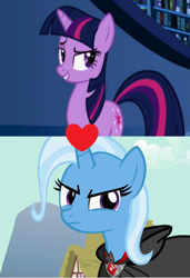 Size: 496x726 | Tagged: safe, derpibooru import, edit, edited screencap, screencap, trixie, twilight sparkle, friendship is magic, magic duel, female, lesbian, shipping, shipping domino, twilight's canterlot home, twixie