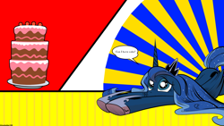 Size: 1920x1080 | Tagged: safe, artist:ahsokafan100, artist:amorecadenza, artist:andypriceart, artist:pikamander2, idw, princess luna, alicorn, pony, cake, food, horseshoes, modern art, pop art, solo, sunburst background, vector, wallpaper