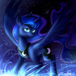 Size: 750x750 | Tagged: safe, artist:cosmalumi, princess luna, alicorn, pony, female, mare, signature, smiling, solo, stars