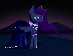 Size: 3300x2550 | Tagged: safe, artist:styroponyworks, princess luna, alicorn, pony, clothes, dress, night, over the moon, solo