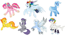 Size: 1280x724 | Tagged: safe, artist:tinuleaf, derpibooru import, maud pie, pinkie pie, spitfire, trixie, oc, oc:punk tank skittles, oc:sunrise brisk, oc:wind chime, earth pony, original species, pegasus, pony, shark pony, unicorn, female, mare, offspring, parent:rainbow dash, parent:soarin', parents:soarindash