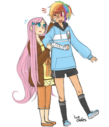 Size: 500x588 | Tagged: dead source, safe, artist:lovechafes, fluttershy, rainbow dash, bandage, bandaid, humanized, injured