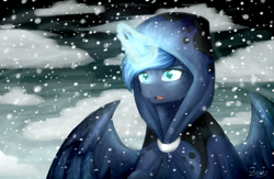 Size: 2000x1304 | Tagged: safe, artist:jazzerix, princess luna, alicorn, pony, a hearth's warming tail, blizzard, cloak, clothes, magic, snow, snowfall, solo, spirit of hearth's warming yet to come, spread wings
