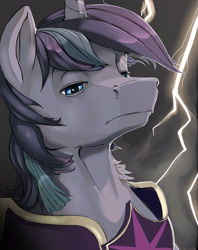 Size: 1043x1319 | Tagged: safe, artist:gsphere, shining armor, pony, unicorn, :i, bags under eyes, bust, frown, lidded eyes, lightning, looking down, ominous, portrait, solo