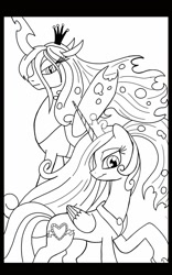 Size: 800x1280 | Tagged: safe, artist:theroyalprincesses, princess cadance, queen chrysalis, alicorn, changeling, changeling queen, pony, female, horn, monochrome