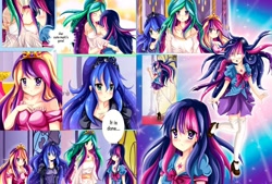 Size: 1110x751 | Tagged: safe, artist:kiriche, princess cadance, princess celestia, princess luna, twilight sparkle, twilight sparkle (alicorn), alicorn, human, twilight's kingdom, alicorn tetrarchy, anime, canterlot castle, humanized, scene interpretation, style emulation