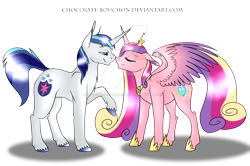 Size: 2400x1598 | Tagged: safe, artist:chocolate-bouchon, princess cadance, shining armor, alicorn, pony, unicorn, female, male, nuzzling, raised hoof, shiningcadance, shipping, simple background, smiling, spread wings, straight, transparent background, watermark