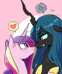 Size: 500x600 | Tagged: dead source, safe, artist:baekgup, princess cadance, queen chrysalis, alicorn, changeling, changeling queen, pony, abstract background, annoyed, blushing, cadalis, female, floppy ears, gritted teeth, heart, heart eyes, horn, lesbian, mare, missing accessory, shipping, smiling, speech bubble, story in the comments, sweatdrop, wingding eyes