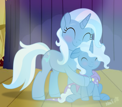 Size: 2233x1969 | Tagged: safe, artist:itsnatcherx, derpibooru import, trixie, oc, pony, unicorn, cape, clothes, female, male, mother and child, mother and son, offspring, parent and child, parent:pokey pierce, parent:trixie, trixie's cape