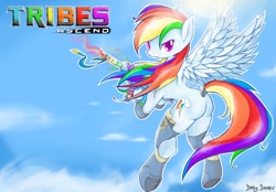 Size: 1900x1324 | Tagged: safe, artist:sunnybunnyi, rainbow dash, pegasus, pony, crossover, cute, dashabetes, female, flying, gun, looking back, mare, plot, shazbot, sky, solo, tribes, tribes ascend