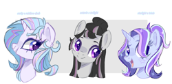 Size: 1600x788 | Tagged: safe, artist:peachesandcreamated, derpibooru import, octavia melody, rarity, trixie, twilight sparkle, earth pony, pony, unicorn, bust, ethereal mane, female, fusion, mare, open mouth, smiling, starry mane