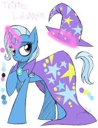 Size: 888x1150 | Tagged: safe, artist:didun850, derpibooru import, trixie, pony, unicorn, cape, clothes, eyelashes, eyeliner, female, glowing horn, hat, horn, magic, makeup, mare, raised hoof, reference sheet, signature, simple background, smiling, telekinesis, text, transparent background