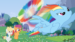 Size: 1600x900 | Tagged: safe, artist:bishimimou, rainbow dash, scootaloo, oc, pegasus, pony, sonic rainboom