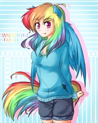 Size: 1000x1250 | Tagged: safe, artist:glitteringsky, rainbow dash, eared humanization, humanized, solo, stripes, tailed humanization, winged humanization