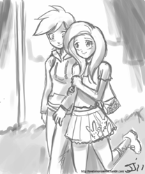 Size: 667x800 | Tagged: safe, artist:johnjoseco, fluttershy, rainbow dash, human, clothes, female, flutterdash, grayscale, humanized, lesbian, monochrome, shipping, shirt, skirt, sweater