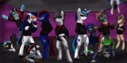 Size: 4320x2160 | Tagged: safe, artist:amazingdawnwolf, shining armor, thunderlane, oc, oc:aiker, oc:max loyalty, oc:moonlit ace, oc:quantum shift, oc:ryker, oc:scotch macmanus, oc:speed chaser, oc:starry gaze, oc:terry, earth pony, pegasus, pony, unicorn, bipedal, clothes, group, group picture, male, stallion, sunglasses