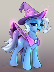 Size: 3652x4869 | Tagged: safe, alternate version, artist:xbi, derpibooru import, trixie, pony, unicorn, cape, clothes, female, gradient background, hat, levitation, looking at you, magic, magic aura, mare, presenting, presenting tail, solo, tail, telekinesis, trixie's cape, trixie's hat