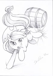 Size: 492x700 | Tagged: safe, artist:shinepawpony, applejack, earth pony, pony, barrel, kicking, monochrome, solo