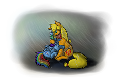 Size: 896x576 | Tagged: safe, artist:resound-valour, applejack, rainbow dash, earth pony, pegasus, pony, appledash, female, hug, lesbian, rain, shipping, sitting