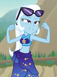 Size: 739x1006 | Tagged: safe, derpibooru import, edit, edited screencap, screencap, trixie, better together, equestria girls, forgotten friendship, belly button, clothes, cropped, flexing, midriff, solo, sunglasses, swimsuit