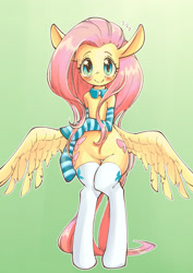 Size: 1447x2039 | Tagged: safe, artist:unousaya, fluttershy, pegasus, pony, semi-anthro, bipedal, blushing, both cutie marks, butt wings, clothes, cute, female, gradient background, looking at you, mare, shyabetes, smiling, socks, solo, spread wings, stockings, striped socks, thigh highs, wings