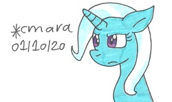 Size: 832x496 | Tagged: safe, artist:cmara, derpibooru import, trixie, pony, unicorn, blue pony, date, female, frown, horn, mare, purple eyes, simple background, text, white background