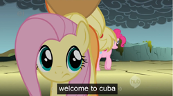 Size: 684x383 | Tagged: safe, screencap, applejack, fluttershy, pinkie pie, earth pony, pegasus, pony, cuba, youtube caption