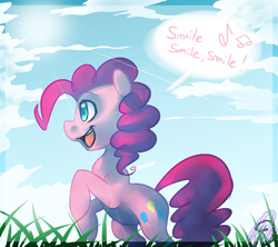 Size: 1045x930 | Tagged: safe, artist:imalou, pinkie pie, earth pony, pony, dialogue, music notes, outdoors, solo