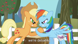 Size: 683x384 | Tagged: safe, screencap, applejack, rainbow dash, earth pony, pegasus, pony, debate, hoofwrestle, youtube caption