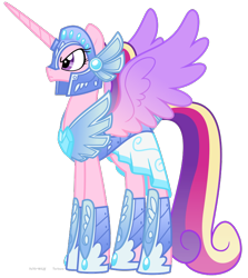 Size: 720x808 | Tagged: safe, artist:faith-wolff, princess cadance, alicorn, pony, fanfic:the bridge, armor, colored wings, crystal guard armor, gradient wings, helmet, simple background, solo, spread wings, transparent background, warrior cadance, wings
