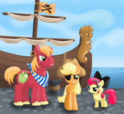 Size: 1250x1150 | Tagged: safe, artist:marikaefer, apple bloom, applejack, big macintosh, lyra heartstrings, earth pony, pony, sea pony, male, pirate, seapony lyra, stallion