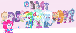 Size: 7305x3247 | Tagged: safe, artist:noahther, derpibooru import, adagio dazzle, applejack, aria blaze, bon bon, cheerilee, dj pon-3, fluttershy, lyra heartstrings, octavia melody, pinkie pie, rainbow dash, rarity, sonata dusk, sunset shimmer, sweetie drops, trixie, twilight sparkle, vinyl scratch, equestria girls, mane six, the dazzlings