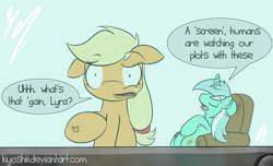 Size: 1611x980 | Tagged: safe, artist:kiyoshiii, applejack, lyra heartstrings, earth pony, pony, unicorn, chair, duo, eyes closed, fourth wall, hatless, missing accessory, shrunken pupils, sitting, sitting lyra