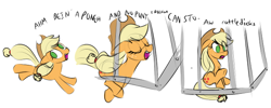 Size: 662x265 | Tagged: safe, artist:furseiseki, applejack, earth pony, pony, cage, comic, solo, vulgar