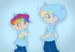 Size: 900x623 | Tagged: safe, artist:fluffly-bun, rainbow dash, scootaloo, clothes, female, humanized, multicolored hair