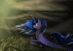 Size: 6117x4330 | Tagged: safe, artist:vinicius040598, princess luna, alicorn, pony, absurd resolution, cloud, crepuscular rays, grass, missing accessory, prone, solo