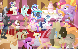 Size: 1600x1018 | Tagged: safe, artist:hungrysohma, apple bloom, berry punch, berryshine, bon bon, button mash, cranky doodle donkey, derpy hooves, dj pon-3, doctor whooves, kevin (changeling), liquid button, lyra heartstrings, matilda, octavia melody, pipsqueak, princess cadance, scootaloo, shining armor, steven magnet, sweetie belle, sweetie drops, vinyl scratch, alicorn, changeling, donkey, earth pony, pegasus, pony, unicorn, slice of life (episode), adorabon, berrybetes, blushing, buttonbetes, cake, crankilda, crankybetes, cute, cutedance, cuteling, cutie mark crusaders, doctorbetes, female, floating heart, food, heart, lyrabetes, magnetbetes, male, matildadorable, shining adorable, shiningcadance, shipping, shrunken pupils, squeakabetes, starry eyes, straight, vinylbetes, wall of tags, wingding eyes