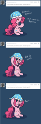Size: 1000x2999 | Tagged: safe, artist:maplesunrise, pinkie pie, earth pony, pony, ask, ask snuggle pie, cape, clothes, comic, hat, nightcap, solo, tumblr